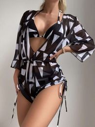 新しいファッションリーフプリント3ピースセット長袖の日焼け止めビキニ女性水着H514-35