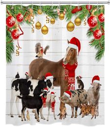 Shower Curtains Farmhouse Animals Cow Horse Wear Red Xmas Outfits Balls Rustic Wooden Board Holiday Bathroom Curtain