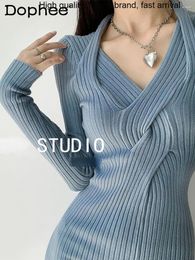 Casual Dresses Girl Sexy Halter V-neck Knitted For Women Fall Winter Slim Fitted Mid-Length Sweater Long Sleeve Black Hip Mini Dress