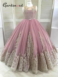 Hot Lace Beaded Flower Girl Dresses Sheer Neck Tulle Little Wedding Communion Pageant Weddings Jewel