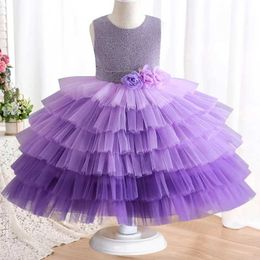 Girl's Dresses 4-12 Year Old Bow Gradual Cake Dress Banquet Host Walk Show Performance Dress Girls Sequin Flower Princess Dress Y240514