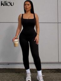 Women's Jumpsuits Rompers Kliou Solid Shaped Simple jumpsuit Womens casual square neck sleeveless tight fitting jumpsuit Womens daily sportswear one-piece WX