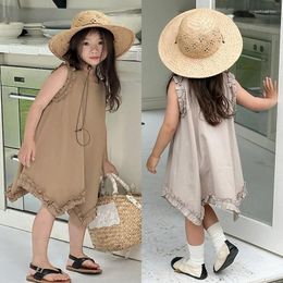 Girl Dresses 3-8T Summer Girls Dress Irregular Sleeveless Cute Pleated Edge Vest Princess Ruffle Toddler Baby Solid Cotton Vestidos