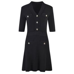 2024 Autumn Black Solid Colour Panelled Dress Short Sleeve V-Neck Double Pockets Short Casual Dresses Y4W092211001