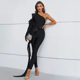 Casual Dresses Women Winter Sexy Long Sleeve Ruffles Black Two Piece Flare Pants Bandage Set Celebrity Designer Fashion Women's