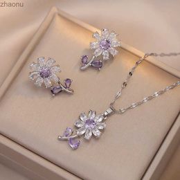 Earrings Necklace Ins Factory Sunflower Stud Earrings Pendant Silver Gold Necklace Womens Purple Zircon Necklace Jewelry Set Gift XW