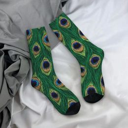 Men's Socks Cool Green Peacock Feathers Sports Fashion Design Polyester Long For Women Men Breathable