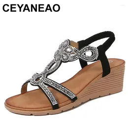 Sandals Summer Women 5.5cm Wedges High Heels Lady Luxury Rhinestone Party Fashion Casual Vacation Diamond Shoes