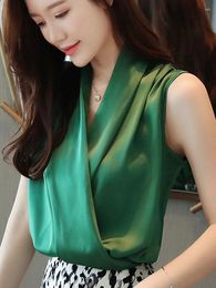 Women's Blouses Elegant Satin Women Blouse Sexy V Neck Office Ladies Shirts Casual Solid Long Sleeve Spring Summer Female Party Tops