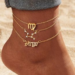 Anklets 3 PCS/Set 12 Constellations Crystal Anklet For Women Charm Zodiac Sign Gold Color Chain Summer Beach Foot Leg Ankle Jewelry Gift