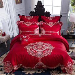Bedding Sets 2024 Egyptian Cotton Red Embroidery Set King Size 9pcs Duvet Cover Bed Linen Bedspread Quilt