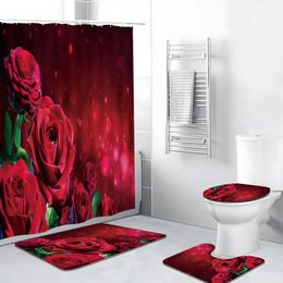 Shower Curtains 4pcs/Set Flowers Curtain Red Rose Green Plant Floral Romantic Valentine's Day Bathroom Decor Bath Mat Rug Toilet Cover