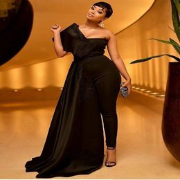 Black Jumpsuit Prom Dress With Appliques Sequins One Shoulder Overskirts African Evening Dresses With Pant Suits Plus Size Party Gowns 2694