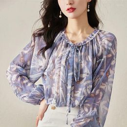 Women's Blouses Fashion Printed Ruffle Lace Up Bow Floral Women Clothing 2024 Spring Summer Loose All-match Tops Office Lady Shirts