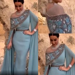 Dusty Blue Off Shoulder Mermaid Prom Dresses Plus Size Arabic Sequined Beaded Evening wear Gown Poet Long Sleeves Formal Party Dress 224Q