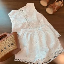 2024 Summer Children Baby Girl 2PC Clothes Set Cotton Hollow Lace Sleeveless Vest Elastic Waist Shorts Suit Toddler Girls Outfit 240513