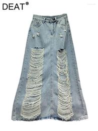 Skirts Women's Denim Skirt High Waist Broken Holes Design Split Distresses Light Blue Long 2024 Summer Fashion 29L7517