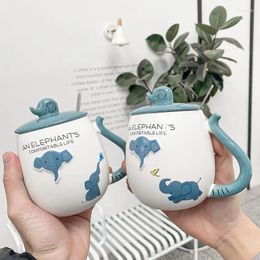 Mugs Creative Ceramic Mug With Lid Spoon Cute Kawaii Water Cup Cartoon Animal Elephant Big Belly Coffee Cups Gift For Friend