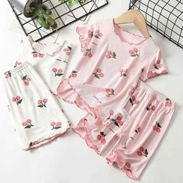 Clothing Sets Korean Baby Girl Clothes Summer Kids New Pajamas Set Cute Cherry T-shirt Short Sleeve Tops Shorts 2PCS Toddler Infant Loungewear