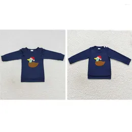 Clothing Sets Wholesale Christmas Embroidered Santa Hat Duck Lace Navy Blue Long Sleeve Top For Baby Boys Girls Matching Clothes T-shirt