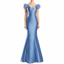Elegant Long Blue Sweetheart Prom Dresses with Bows Mermaid Satin Watteau Train Zipper Back Prom Dresses for Women