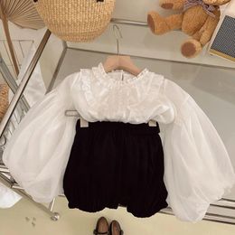 Clothing Sets Baby Girls Cute Puff Sleeve White Chiffon Shirt Fluffy Solid Shorts Two Pieces Children Spring Suits 2-8Y Kids