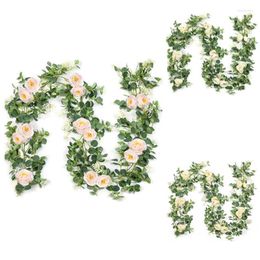 Decorative Flowers 2 Pack Eucalyptus Garland With Champagne Rose Greenery Bulk Artificial Silk Floral Leaves Vines Promotion