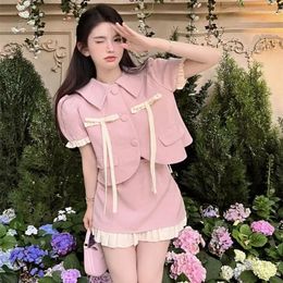 Work Dresses Suit For Women Summer 2024 Crop Top Sweet Skirt Sets Pleated Cake Pink Blazers Short Sleeve Jacket Female Chic Y2k Shirts