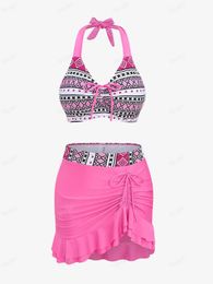 ROSEGAL Plus Size Ethnic Figure Print Cinched Swimsuit Light Pink halter Tankini Top And Ruffles Skirt Two Pieces Swimwears 240513