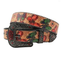 Belts BlingBling Rhinestone Set Vintage Style Belt For Men Women Full Size Green Butterfly Flower Graffiti Print Pin Buckle