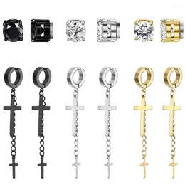 Backs Earrings 1 Pair Stainless Steel Magnetic Inlaid Cubic Zirconia Stud Clip On Non Piercing Cross Dangle Hinged Hoop Earring Set