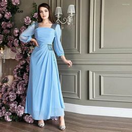 Party Dresses Simple A Line Saudi Arabic Women Evening With Sleeves Beading Chiffon Ankle Length Formal Gowns