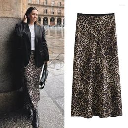 Skirts HXAO Women Vintage Leopard Print Skirt Satin Woman Summer 2024 Midi High Waist Ruffle Lady Elegant Chic