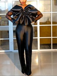 Chic Women Shiny Black Jumpsuit Plus Size Sheer Long Sleeve Big Bow High Taille Ein Stück Rompers Outfit Sommer Trendy Overalls 240506