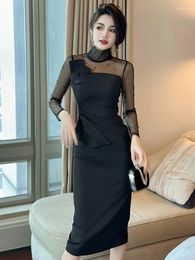 Casual Dresses Fashion Spring Autumn Mesh Sheer Long Evening Dress Women Ladies Clothing Elegant Slim Midi Party Prom Robe Femme Mujer