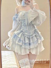 Work Dresses 2024 Summer Blue Lolita Clothing Suit Slim Vest Kawaii Y2k Mini Dress Elegant Short Party Japanese Style Fashion