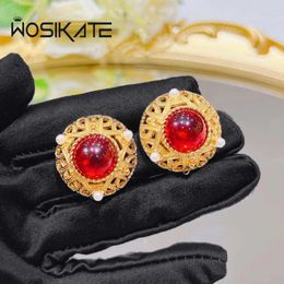 Stud Earrings WOSIKATE Vintage Gold Colour Hollow Out Design Red Glazed Clip For Women Luxury French Style Fashion Jewellery