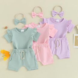 Clothing Sets Infant Born Baby Girls Summer Clothes Solid Ruffles Short Sleeve O-neck T-shirts Shorts Headband Kids Casual Suits