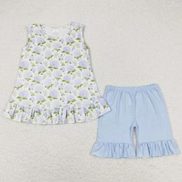 Clothing Sets Baby Girls Designer Clothes Blue Flowers Sleeveless Tops Ruffle Shorts Suit Summer Match Dress Sister Set