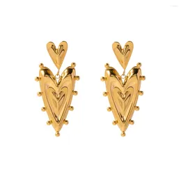 Dangle Earrings ALLME Delicate Metallic Semisolid Double Love Heart For Women Gold PVD Plated Titanium Steel Long Earring
