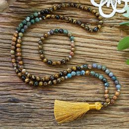 Beaded Necklaces 8mm Natural Yellow Tiger Eye Indian Agate Tree Pattern Agate 108 Japa Mala Bead Necklace Meditation Yoga Xizang Jewellery Set d240514