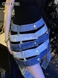 CHICEVER Cut Out Colorblock Skirt For Women High Waist Denim Asymmetrical Sexy Mini Skirts Female Clothing Style Summer 240514