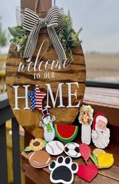 Wooden Board Round Wreath Hanging Seasonal Welcome to Our Home Sign Front Door Sign Interchangeable Pendants for Greeting Q08124297755