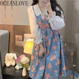 Work Dresses OCEANLOVE 2 Piece Sets Womens Outfits Print Floral Korean Fashion Spring Autumn Vintage Sweet Ensembles Femme