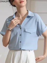 Women's Blouses Onalippa V Neck Satin Shirts For Women Solid Draping Versatile Top Korean Turn Down Collar Short Sleeves Sinle Breasted