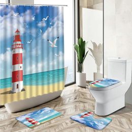 Shower Curtains Ocean Beach Scenery Curtain Seaside Lighthouse Seagull Natural Landscape Home Deco Non-Slip Rug Toilet Lid Cover Bath Mat