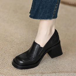 Dress Shoes Comemore High Heels Chic Black 2024 Leather Slip-on Autumn Pumps Designer Fashion Footwear Women's Retro Thick Bottom Block Heel