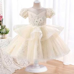 Girl's Dresses 2023 New Girls Sequin Tulle Short Ballet Performance Dress Summer Fashionable Birthday Party Evening Dress 4-12 Years Old Y240514
