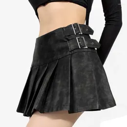 Skirts Women Leather Mini Skirt With Belt Detail Summer A-line Short Pleated High Waist Streetwear