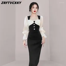 Casual Dresses Temperament Patchwork Slim For Women Elegant Square Neck Long Flare Sleeve Buttons Deco Pencil Midi Dress Ladies